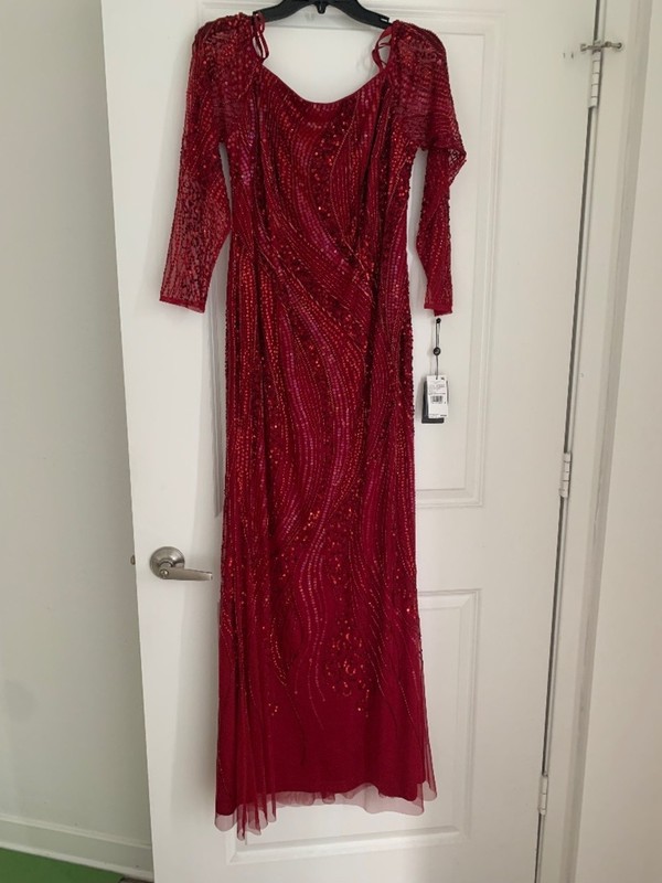 Adrianna Papell Cranberry Beaded Off-Shoulder Gown Long Sleeve NWT Sz 10