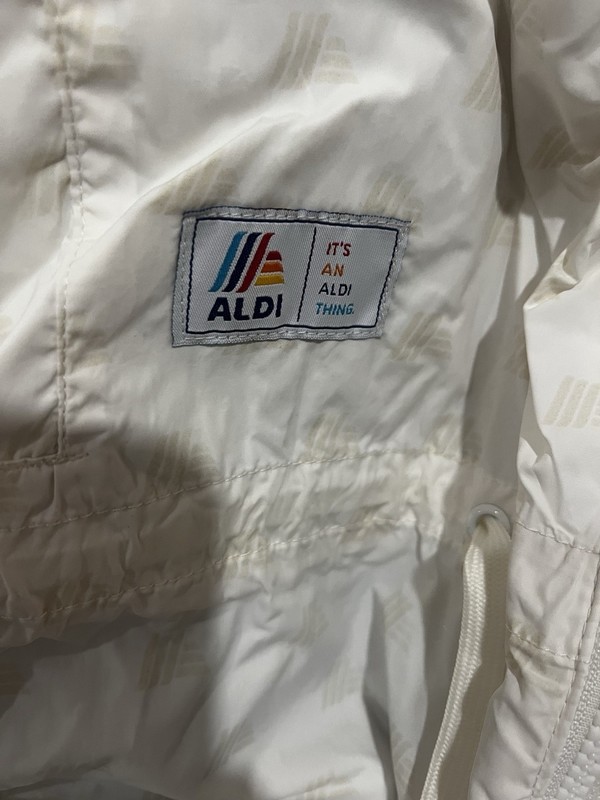 ALDI White Windbreaker Jacket Full Zip Stand-Up Collar Logo Accents Unisex S gallery