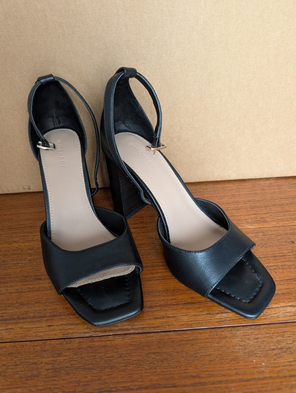 WITCHERY Suki Leather Open Toe Block Heels Black, Size 37