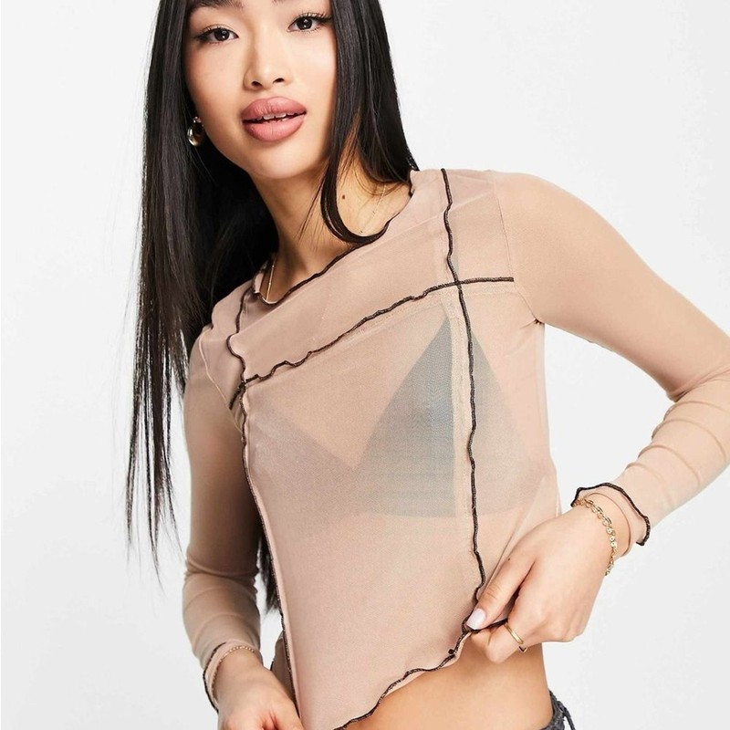 Brave Soul Sheer Beige Long Sleeve Top