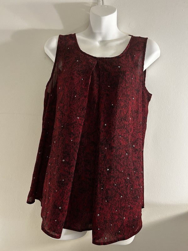Juicy Couture Women’s Medium Red Black Rhinestone Sheer Sleeveless Blouse Y2K