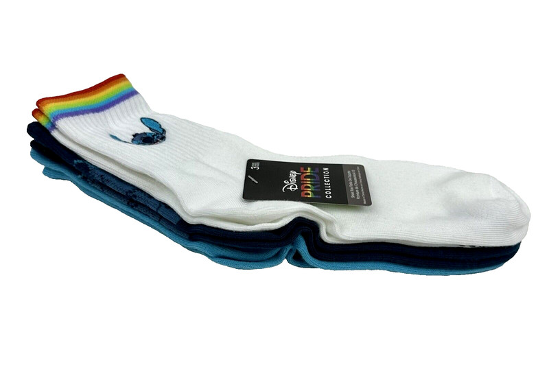 Disney Adult 3 Pk White Blue Mid Crew Polyester Pride Stitch Sock Set OS 4-10