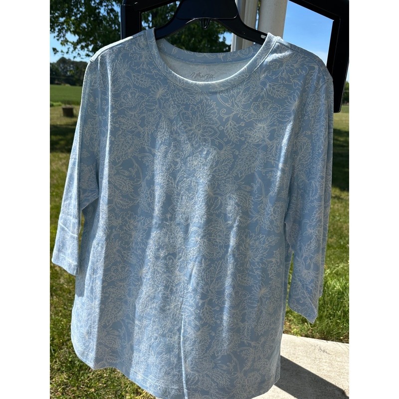 National UltraSofts Women 3/4 Sleeve Floral Knit Top Light Blue White Size PXL gallery