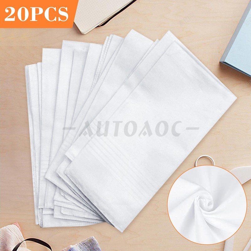 20 Pcs Mens Handkerchiefs 100% Cotton Classic Hankies Pocket white Gift 15x 15in