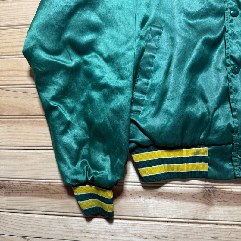 Vintage 80s 90s Athletics Script Logo Button Front Satin Bomber Jacket USA Large gallery