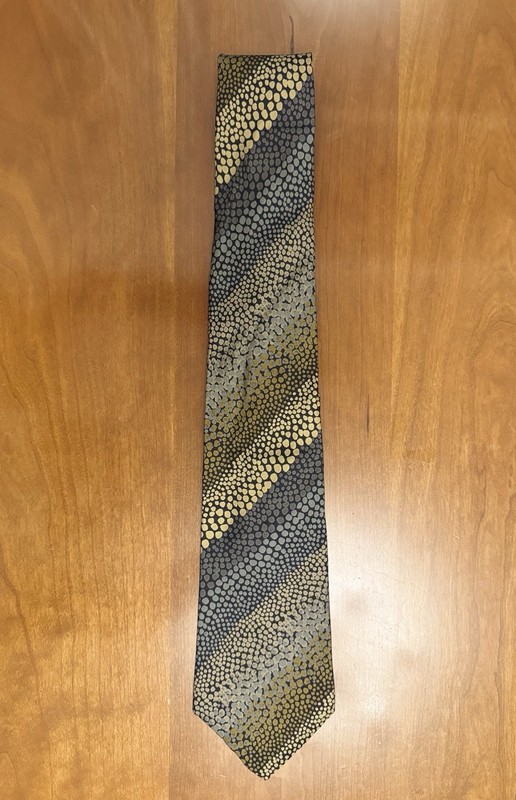 Guy Laroche Woven Silk Designer Tie – Gold/Blue/Gray Polka Dot Logo
