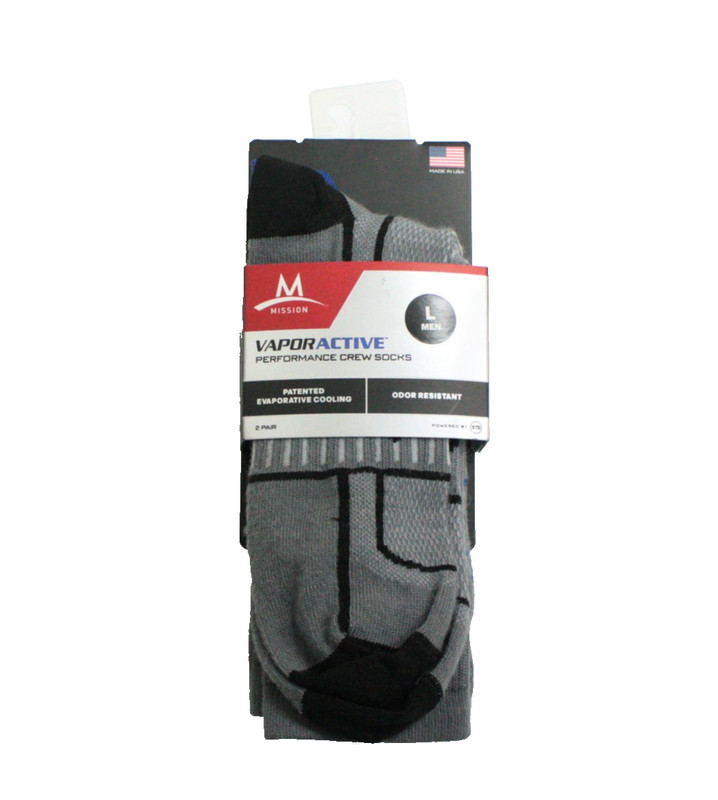 Mission Vapor Active Performance Gray/Black/Blue Men’s Crew Socks Large 2 Pair