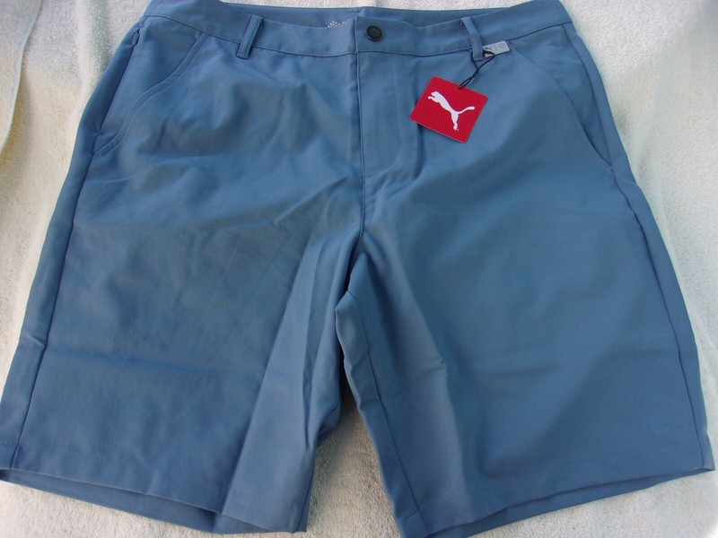 NWT Puma golf shorts, mens 34, 36, 38, 9 in. ins., blue – gray, $65, poly.