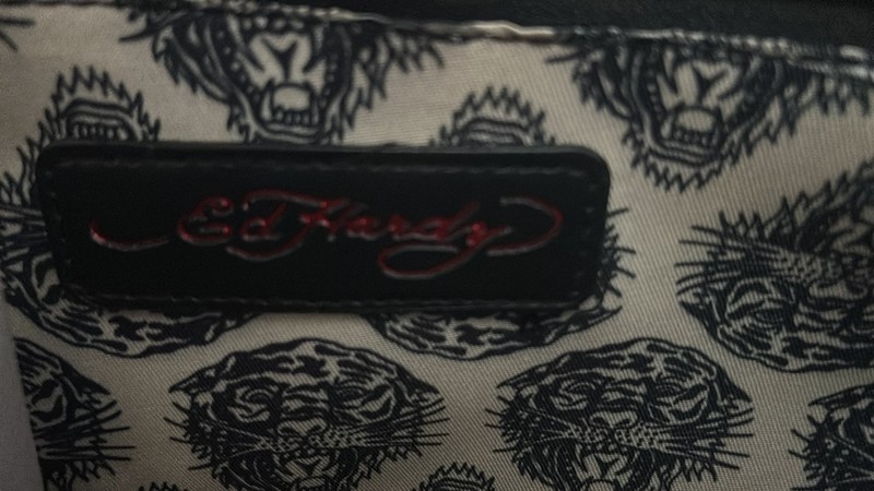 Ed Hardy Large Black Studded Skull Graphic Print Zip Shoulder Bag w/ Strap