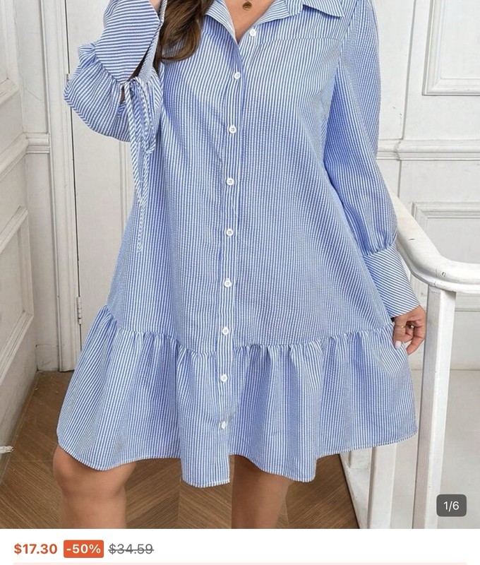 Women’s Blue/White Striped Collared Button-Front Long Sleeve Short Shirt Dress gallery