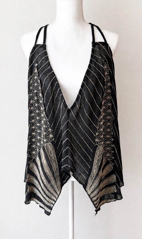 Free People Embroidered Handkerchief Hem Tank Top Black Gold Boho XS Oversized
