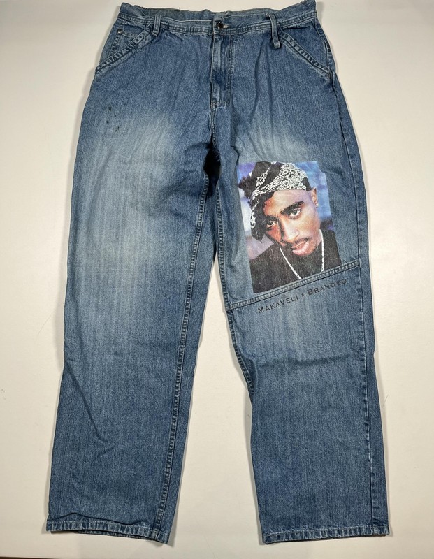 Makaveli Branded Jeans Mens 38×34 Blue Rapper Graphic Baggy Denim Hip Hop