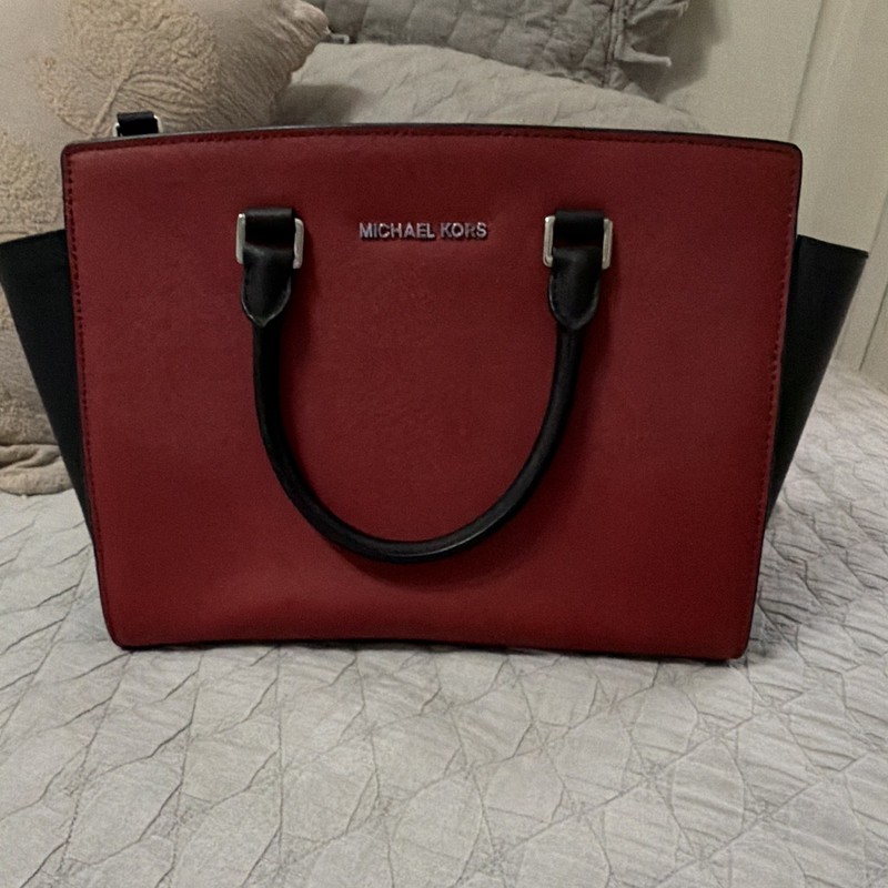 Michael Kors Red/Black Satchel Top Handle Zip Detachable Strap Silver Hardware