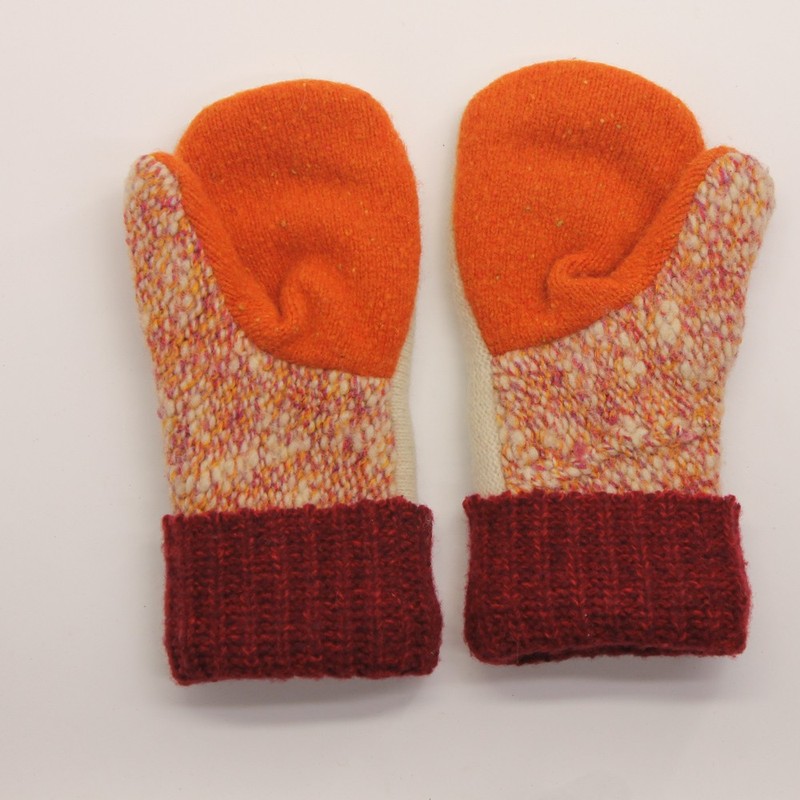 Beige Orange Palm Red Cuff Upcycle Winter Mitten Fleece Lined gallery