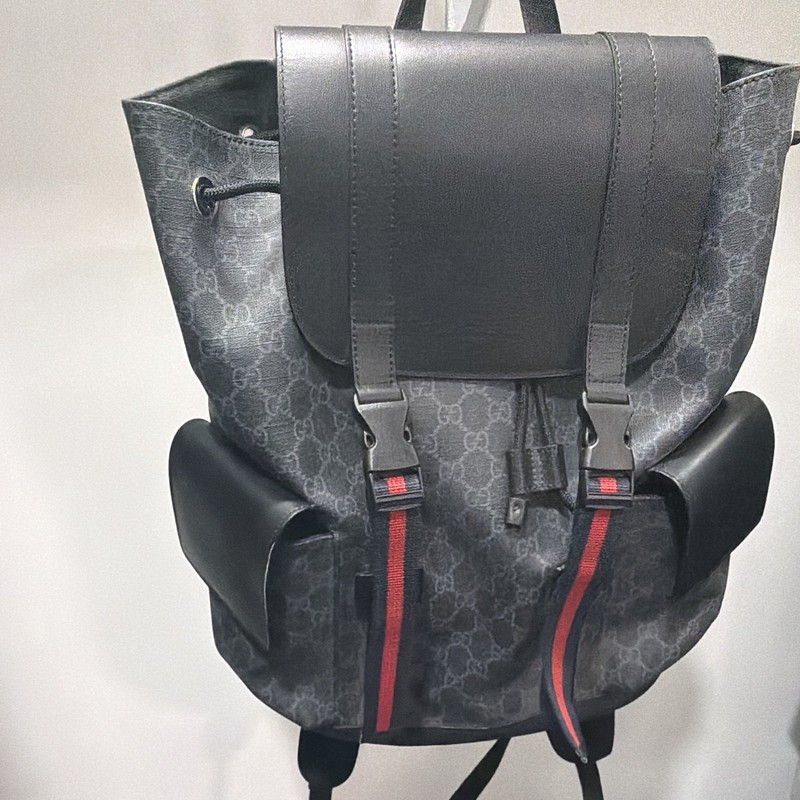 Gucci GG Pattern Backpack Black Gray Red Drawstring Buckle Outer Pockets Men gallery