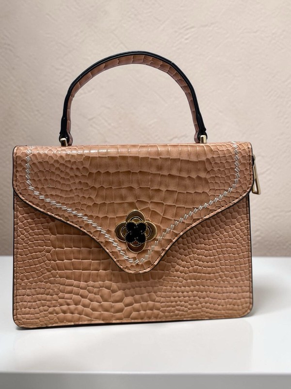 Tan Croc Embossed Small Satchel Top Handle Bag, Zip Closure, Gold Hardware