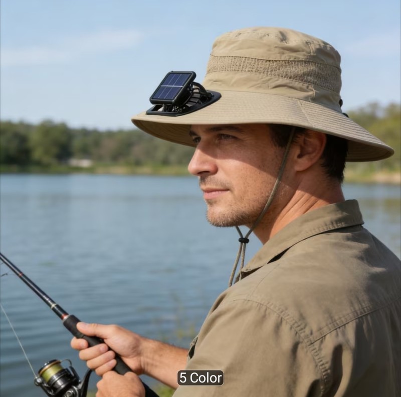 MEN'S KHAKI SOLAR DUAL FAN OUTDOOR COOLING HAT, BREATHABLE WIDE ADJUSTABLE STRAP gallery