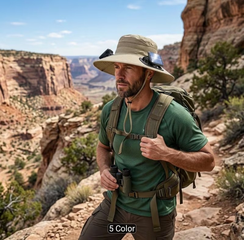 MEN'S KHAKI SOLAR DUAL FAN OUTDOOR COOLING HAT, BREATHABLE WIDE ADJUSTABLE STRAP gallery
