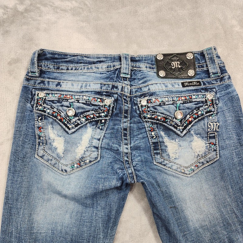 Miss Me Jeans Womens 28 Blue Low Rise Signature Boot Embroidered Rhinestone