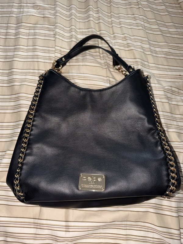 bebe Large Black Hobo Shoulder Bag Zip w/ Gold Chain, Logo Plate, Detachable