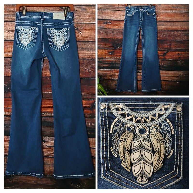Rebel Jeans Size 7 Embellished Tribal Feather Flared Y2K Dark Blue Denim Stretch