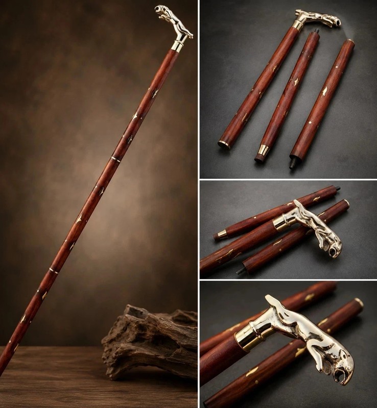 3Pc Wooden Walking Stick Cane Brass Panther Jaguar Handle Vintage Travel Inlay gallery