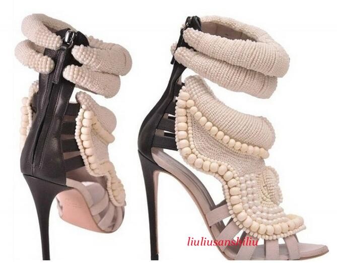 Womens’s Roma Stilettos High Heel Shoes Open Toe Hollow Out Pearls Sandals CHIC