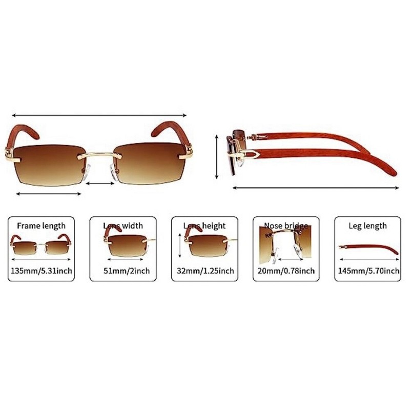 Mens Women's Gold Frame Rimless Woodgrain Brown Tint Buffs Hip Hop Sunglasses gallery