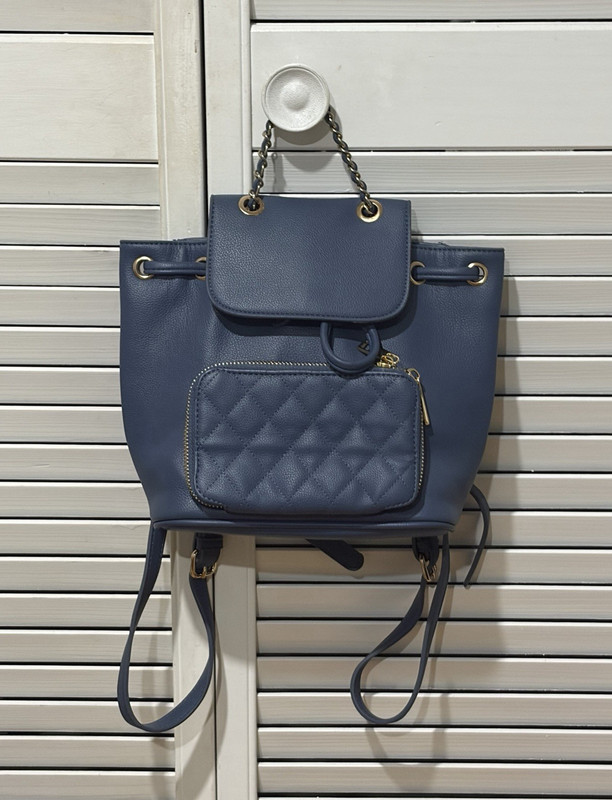Forever 21 Blue Medium Drawstring Backpack Quilted Zip Pocket Chain Strap