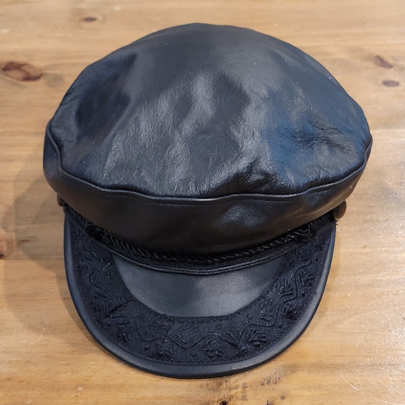 Vtg Black Leather Greek Fisherman Hat Medium Made in USA Mariner Biker Cap M