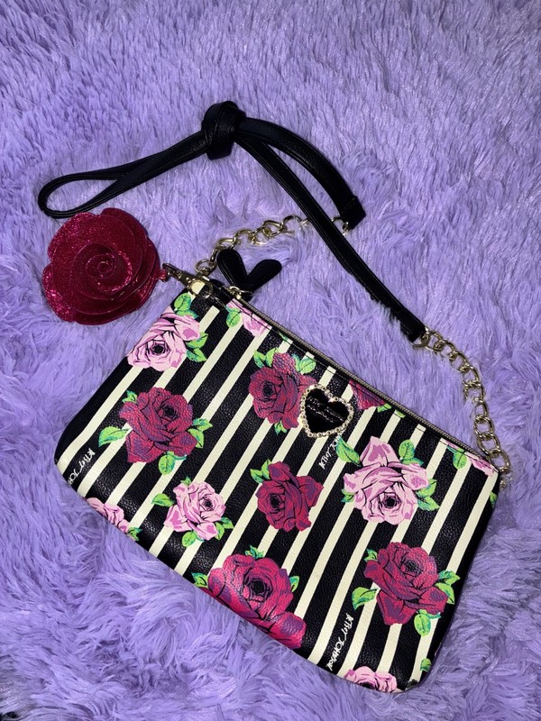 Betsey Johnson Rockin Roses Crossbody Shoulder Bag Floral Stripe Rose Charm