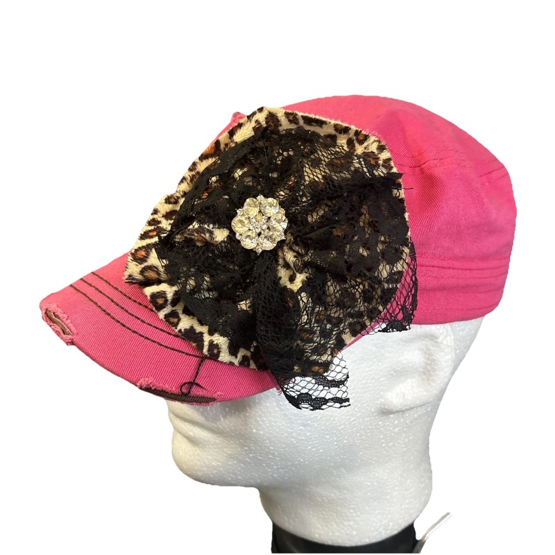 Leader LOGA Cadet Y2K Cap Hat Women’s Pink Strap Distressed Cheetah Embellished