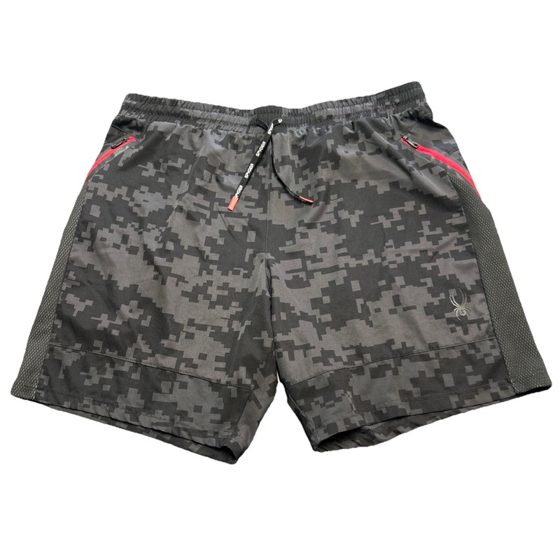 SPYDER Men’s Active Shorts Drawstring Stretch XL Woven Black Digi Camo Red