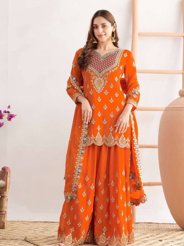 Launching New Orange Chinnon Silk Kurta Palazzo With Dupatta For Women