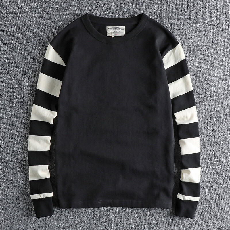 Vintage Mens Striped Long Sleeve T-Shirts Casual Crew Neck Motorcycle Top