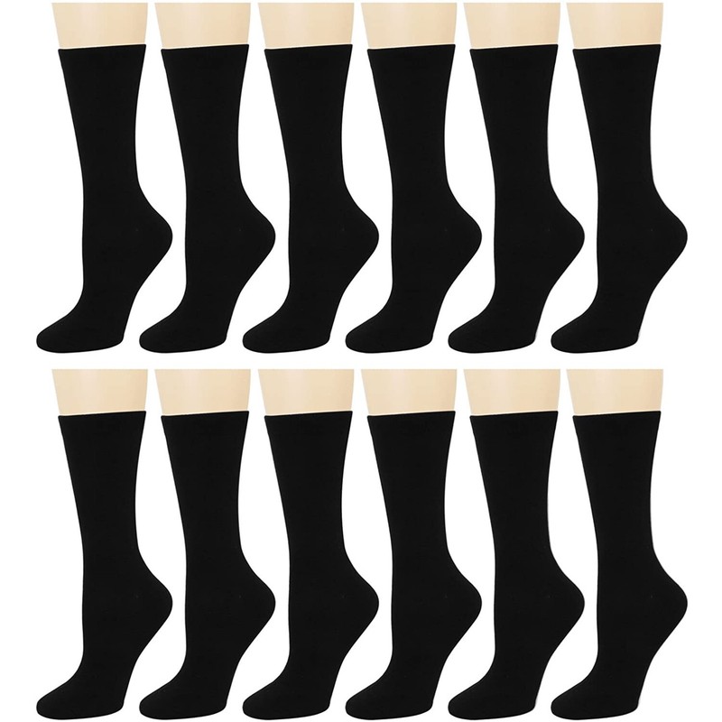 12 Pairs Black Color Women Cotton Crew Socks 9-11