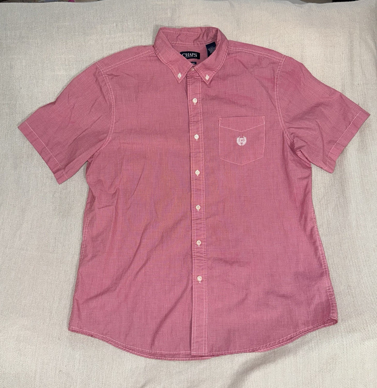 Chaps Easy Care Men’s L Pink/White Microcheck Short Sleeve Button-Down Shirt