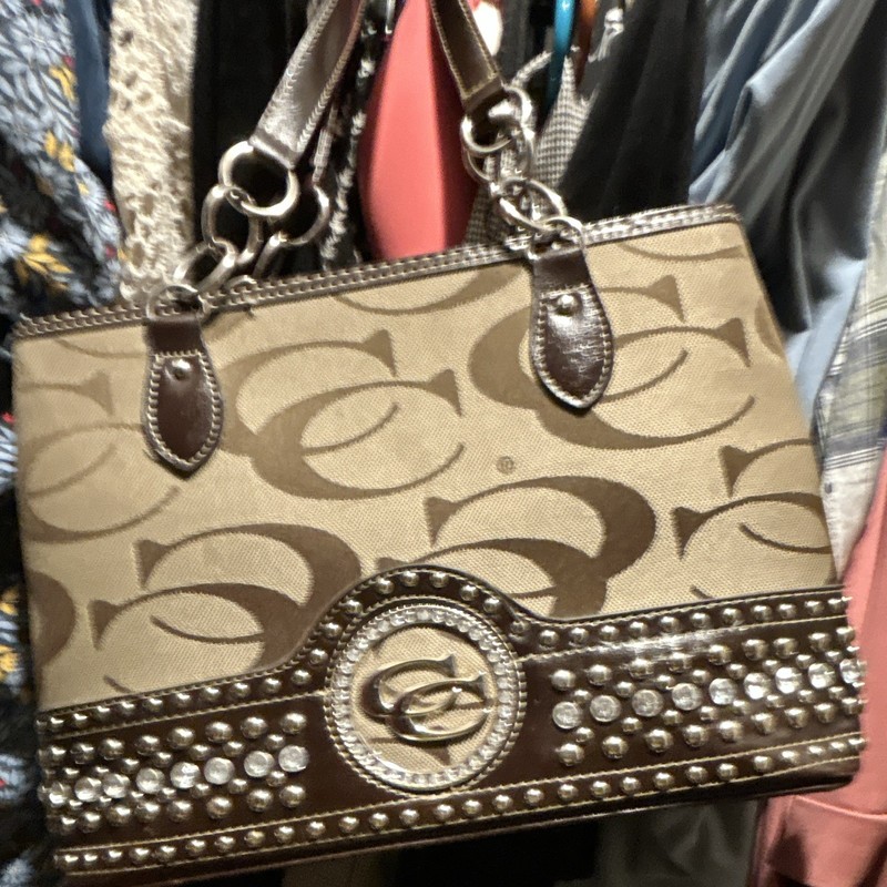 Coach Signature Logo Studded Zip Satchel/Top Handle Bag Beige Brown