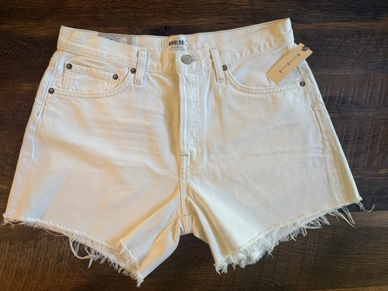 AGOLDE Parker Long Short White High Rise Loose Fit Cut Off Denim Shorts 29 NWT