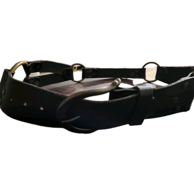 CAbi Wide Black Leather and Brass Rings Statement Belt Sz Medium Y2K Goth Grunge