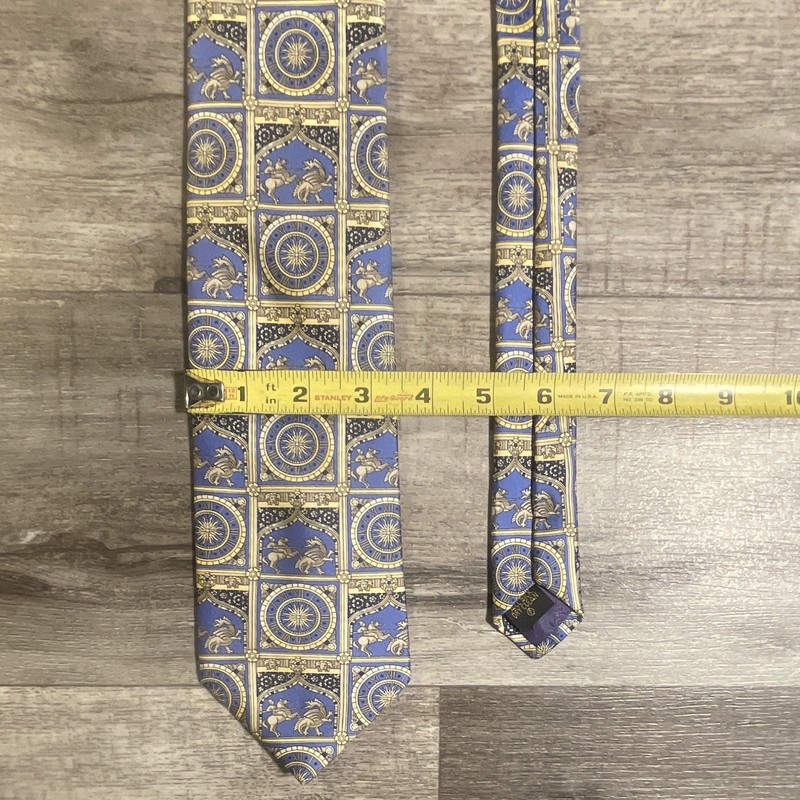 EUC Liberty Men Tie Necktie Silk Gold & Blue w/ Sun, Clock, Man & Dragon 57” gallery