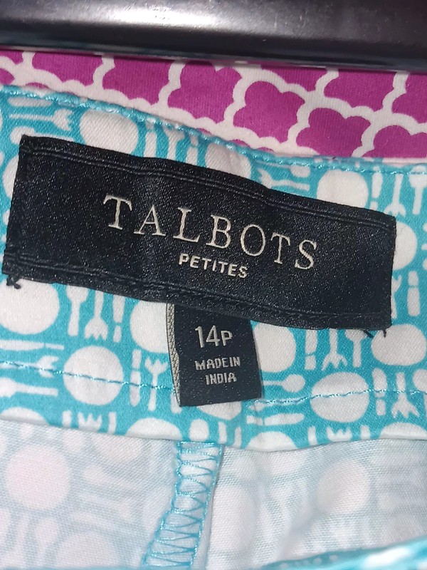 Talbots Turquoise And White Geometric Print Capri Pants Sz 14P gallery