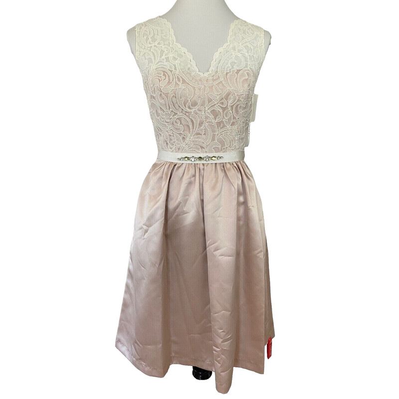 After Six Cameo Blush Pink Lace Cocktail Length V-Neck Party Dress sz 16 New gallery