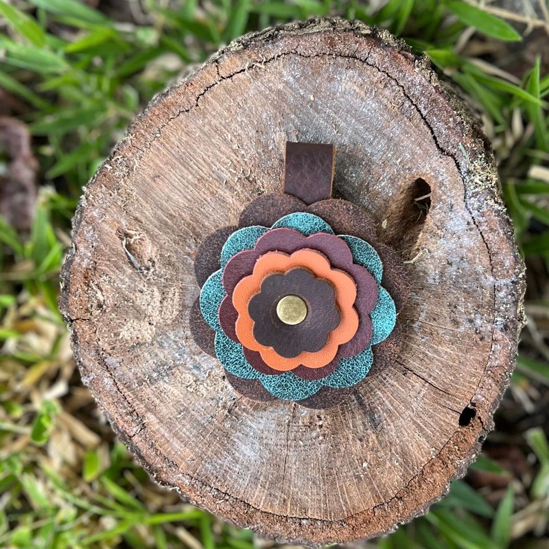 Leather Flower Purse Charm – Brown, Green, Red, and Orange