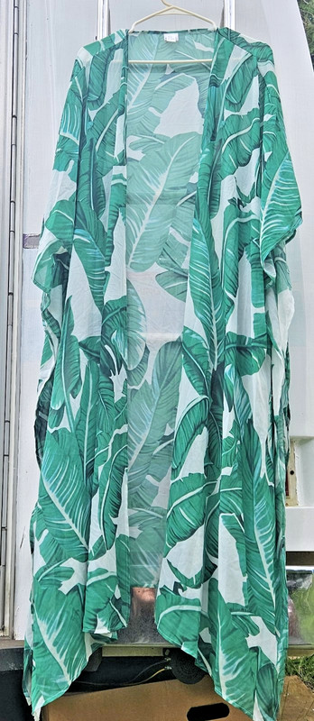 Womens Green White Tropical Banana Leaf Kimono See-Through Open Front Ruffle M