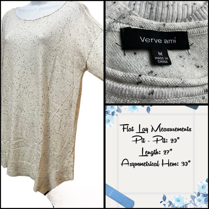VERVE AMI Size M White Blue Speckled Thin Knit Sweater Asymmetric Hem GUC