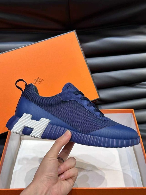 Hermès Bouncing Sneakers Navy Mesh Suede White H Logo Men's Casual Shoes gallery