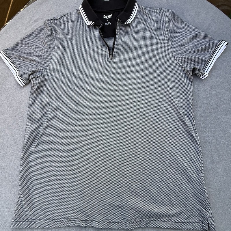 DKNY Men’s Polo Shirt L Black/White Geometric Knit 1/4 Zip Short Sleeve