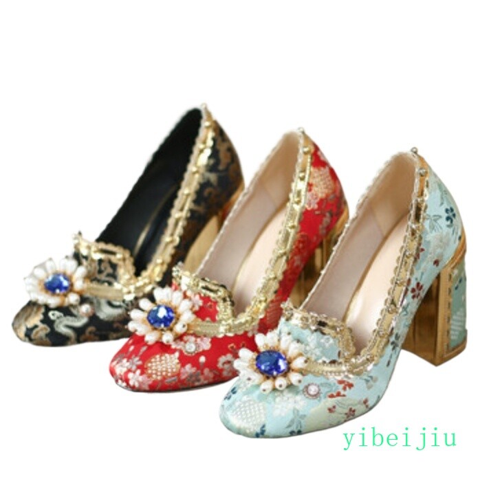 New Womens Beads Rhinestones Embroidery Flower High Heel Pumps Satin Shoes Pumps gallery
