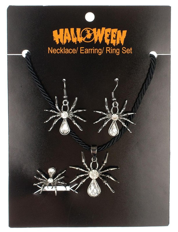 SPIDERS EARRINGS RING NECKLACE HALLOWEEN COSTUME JEWELRY SET ACCESSORY ALH15223